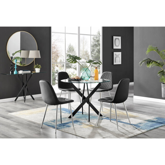 Tierra Modern Chrome Metal & Glass Round Dining Table Set with 4 Luxury Faux Leather Chairs