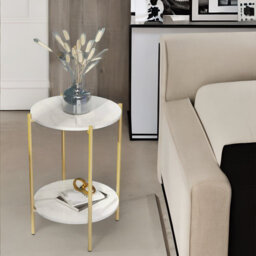 Atay 2 Tier Round Faux Marble Side Table With Metal Legs