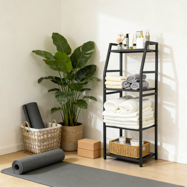 5-Tier Tall Bathroom Storage Shelf, Freestanding Black Metal Organiser Rack With Adjustable Shelf For Toilet, Kitchen