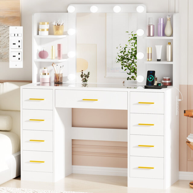 Elowen 105cm Dressing Table with Socket and Glass Tabletop, Led Mirror