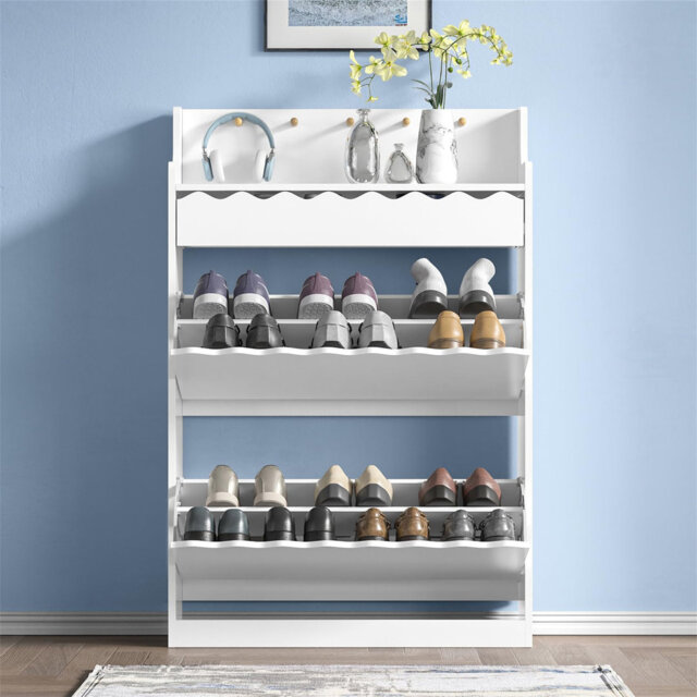 Shoe Storage Cupboard With  Drawers And  Hooks,Freestanding Entryway Storage Unit With Adjustable Shelves, Wooden Narrow Shoe Storage For Hallway