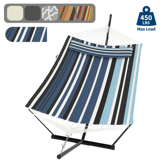Freestanding Hammock with Included Stand, 2 Person Outdoor Hammock with Detachable Pillow & Balance Rope, 200KG Weight Capacity for Patio Balcony Pool
