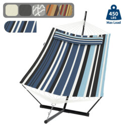 Freestanding Hammock with Included Stand, 2 Person Outdoor Hammock with Detachable Pillow & Balance Rope, 200KG Weight Capacity for Patio Balcony Pool