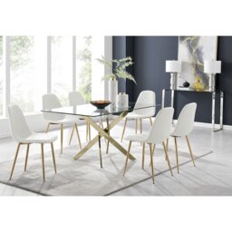 Lenworth Gold and Glass Rectangular Dining Table Set with 6 Luxury Faux Leather Chairs