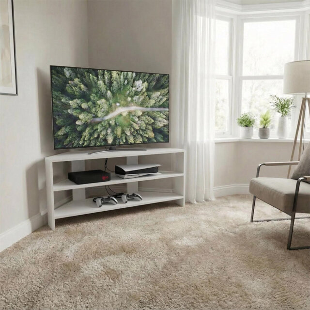 Sage Green Corner Tv Unit Space Saving Media Stand With Shelving For Living Room Bedroom Or Apartment H45 X W110 X D36cm