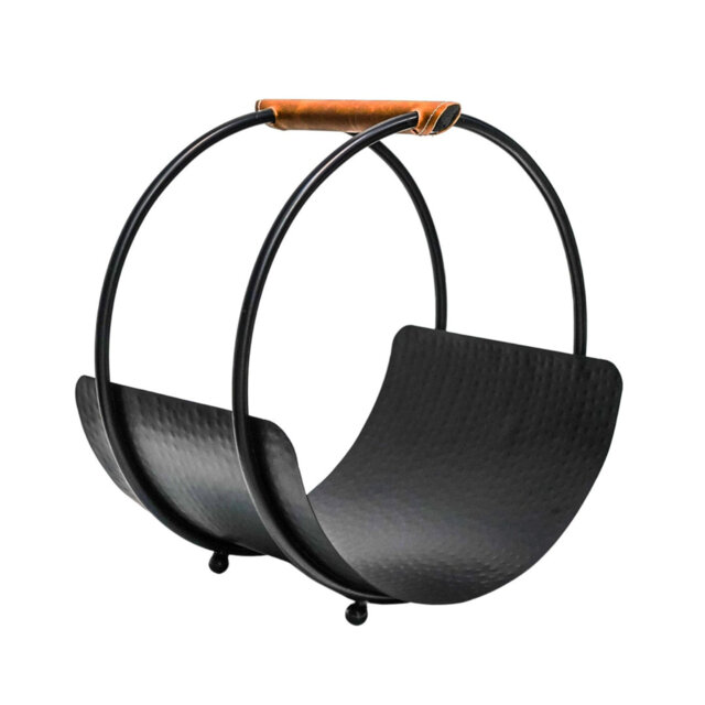 Leather Handle Round Log Holder H43cm W30.5cm
