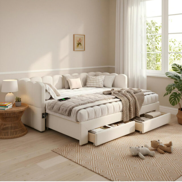 3ft Daybed With Trundle Bed, Usb And 2 Drawers Beige Chenille