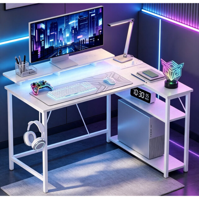 100 × 80 cm L-Shaped Gaming Desk with RGB LED Lights & Power Outlets, White Corner Computer Desk with Adjustable Shelves, Small Workstation for Study
