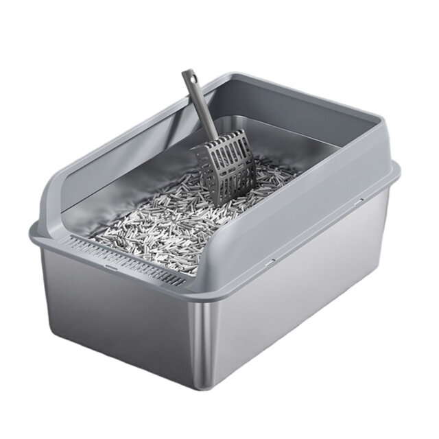 Large Stainless Steel Cat Litter Tray with Lid, 60 x 40 x 30 cm, 8 in Deep Non-Stick Easy-Clean Cat Box for Large Cats, Litter Mat and Scoop Included
