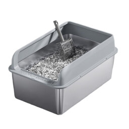 Large Stainless Steel Cat Litter Tray with Lid, 60 x 40 x 30 cm, 8 in Deep Non-Stick Easy-Clean Cat Box for Large Cats, Litter Mat and Scoop Included