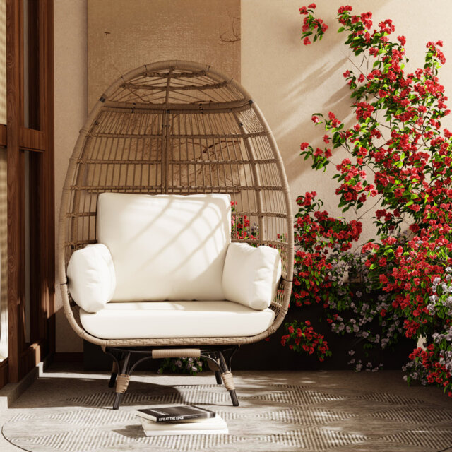 Oversize 360Â° Swivel Egg Chair, Indoor Outdoor PE Rattan Lounge Chair with Steel Frame & 4 Cushions, Heavy Duty Wicker Accent Chair for Patio Porch B