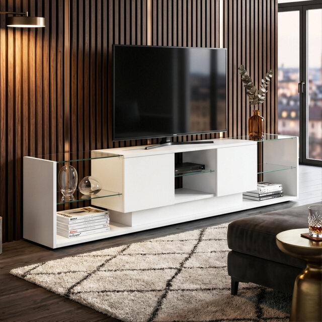 200Cm High Gloss TV Stand For Tvs Up To 88 Inches, Modern Media Console With LED Lights, Drawers & Glass Shelves, Black & White