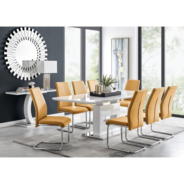 Alezzo Modern High Gloss Extendable Dining Table Set with 8 Upholstered Faux Leather Dining Chairs