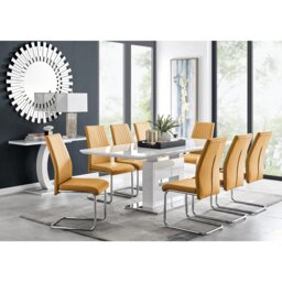 Alezzo Modern High Gloss Extendable Dining Table Set with 8 Upholstered Faux Leather Dining Chairs