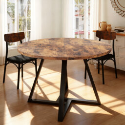 Round Dining Table: Pedestal Metal Frame, Space-Saving Industrial Style