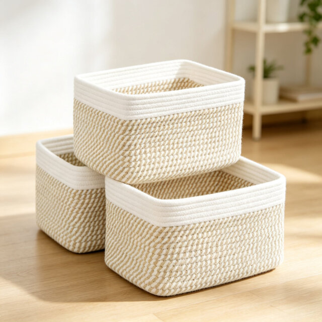 "Set of 3 Small Cotton Rope Storage Baskets, 11"" x 7"" x 7"", White & Mixed Camel, Woven Shelf Organiser for Toys, Towels and Household Storage"