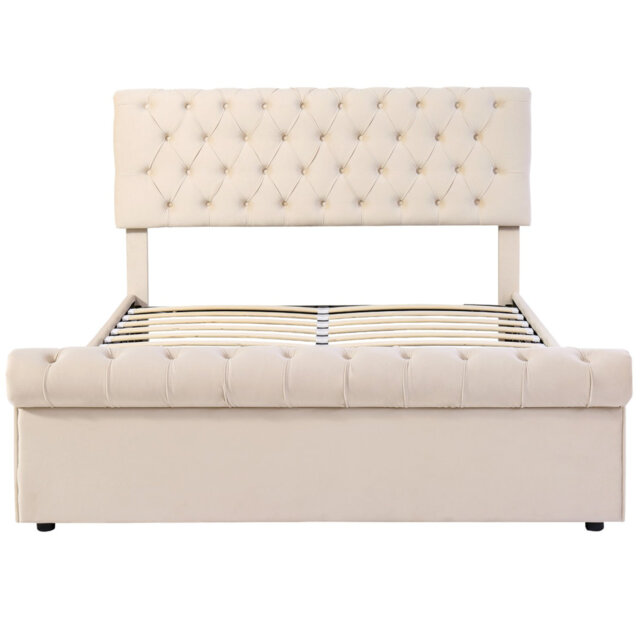 5ft King Size Velvet Button-tufted Sleigh Bed With Hidden Hydraulic Storage, Adjustable Height Headboard, Sturdy Metal Frame & 24 Curved Wood Slats, B