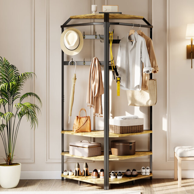 Corner Coat Rack with Shoe Bench and 6 Hooks, 51x51x180cm