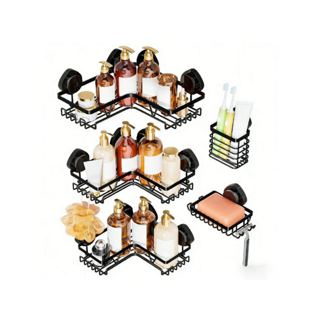 Suction Shower Caddy Corner 5 Pieces Suction Cup Shower Shelf, Black Bathroom Organiser