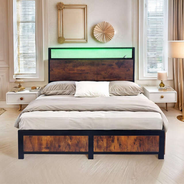 Industrial Metal Bed Frame With 4 Drawers And Led Light Head Board And Charging Ports