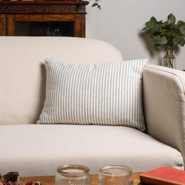 Woven Ticking Stripe Cushion in Dove Grey