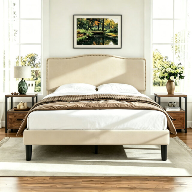 3 Pieces Bedroom Set, Bed Frame with Velvet Upholstered Headboard, Platform Bed Frame and 2 Nightstands with Drawer, No Box Spring Needed, Easy to Ass