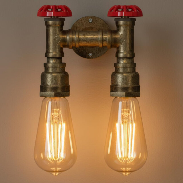 Industrial Vintage Water Pipe Twin Wall Light Red Valve E27 Steampunk Wall Sconce for Bedroom, Bar, Pub, Farmhouse, Café & Hotel Interior Lighting