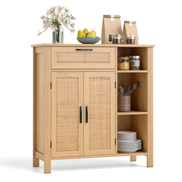 Storage Cabinet, Wooden Buffet Sideboard With Rattan Woven Doors