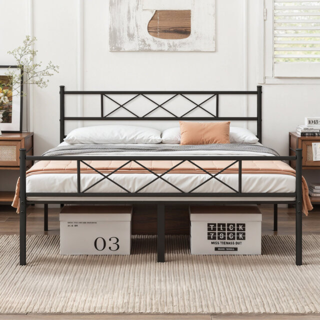 Single Double Size Beds with Headboard and Footboard, Metal Platform Bed Frame with Metal Slats Support, No Box Spring Needed, Easy Assembly