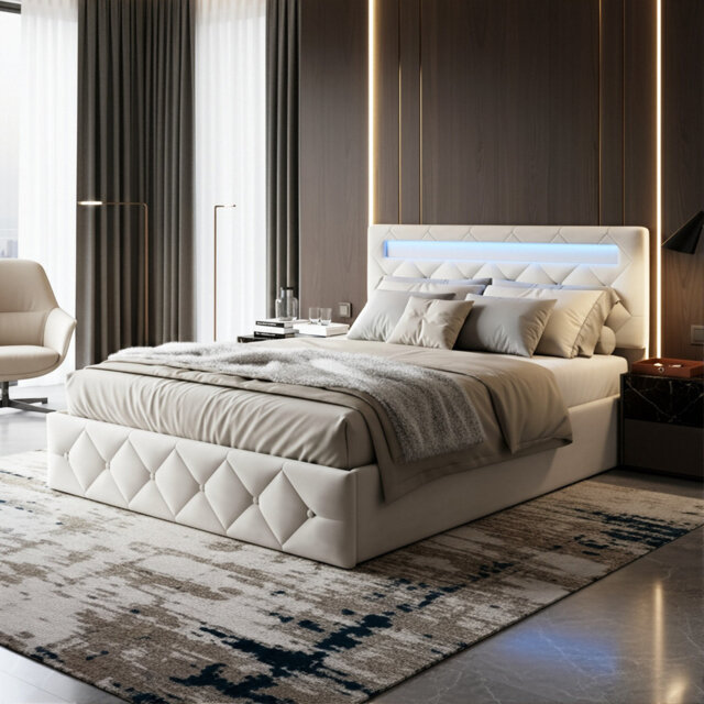 Apricot Velvet Ottoman Bed, RGB LED Headboard With Adjustable Height, European Double (140X200cm) & King (160X200cm) ,