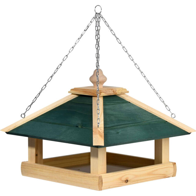 "The large ""Narsaq"" bird feeder features a hanging chain"