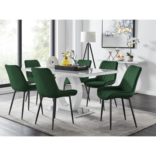 Scottsmoor Modern High Gloss & Glass Dining Set - 6 Luxury Velvet Mid-Century Upholstered Chairs
