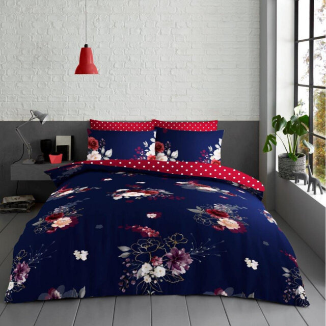 Navy/Red Cotton Blend 144 TC Reversible 3 Piece Duvet Cover Set