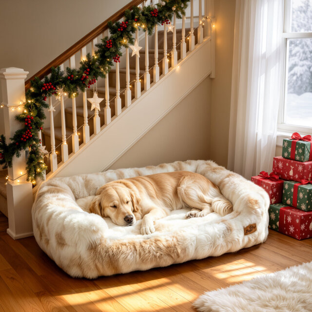 Two-Tone Plush Bolster Dog Bed with Removable Cover
