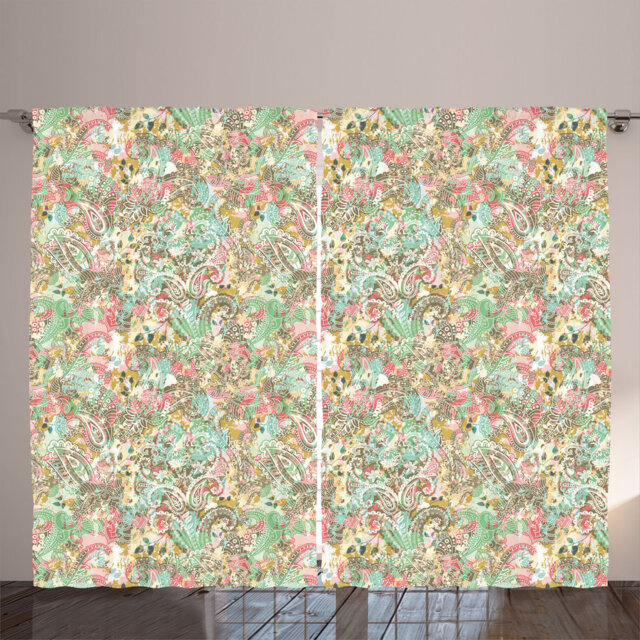 Rustic curtain, colorful, tangled flowers, floral design, sea green light pink