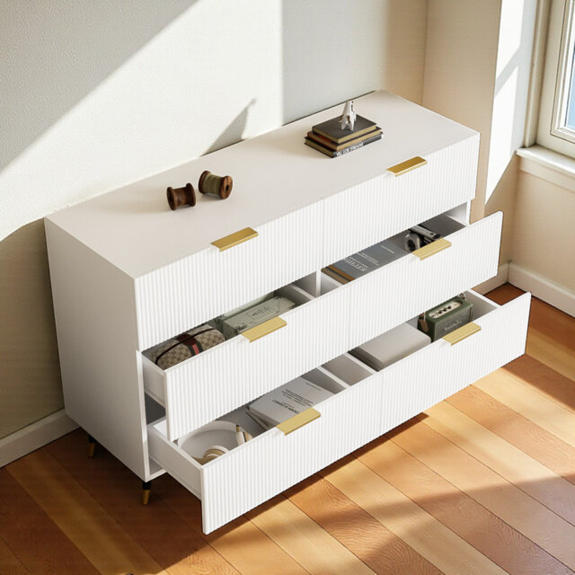 Black Sideboard With Chest Of Drawers And Storage Space, Golden Handles