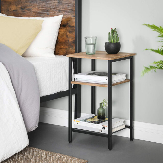End Table, Side Table and Nightstand with 3 Shelves, Heavy-Duty Steel Frame, Living Room Bedroom