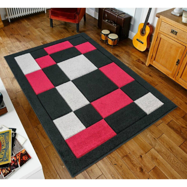 Havana Geometric Black Red Large Rugs – Modern Living Room Carpet, Bedroom & Hallway Runner - Soft, Non-Shedding, Stain Resistant Floor Mat