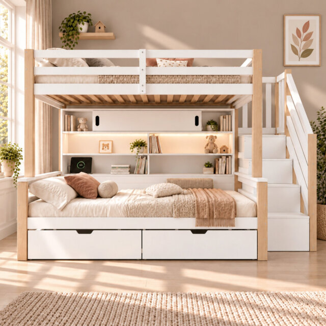 White & Natural Wood Single Bunk Bed with Storage Staircase, LED Lighting & USB Charging, Sliding Door Shelves, Fits 3ft Mattress (No Mattress Include