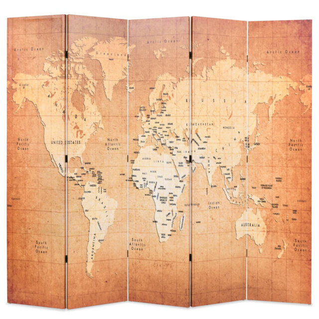 World Map Design Folding Room Divider 170 Cm – Yellow Privacy Screen For Living Room, Office, And Bedroom Decor
