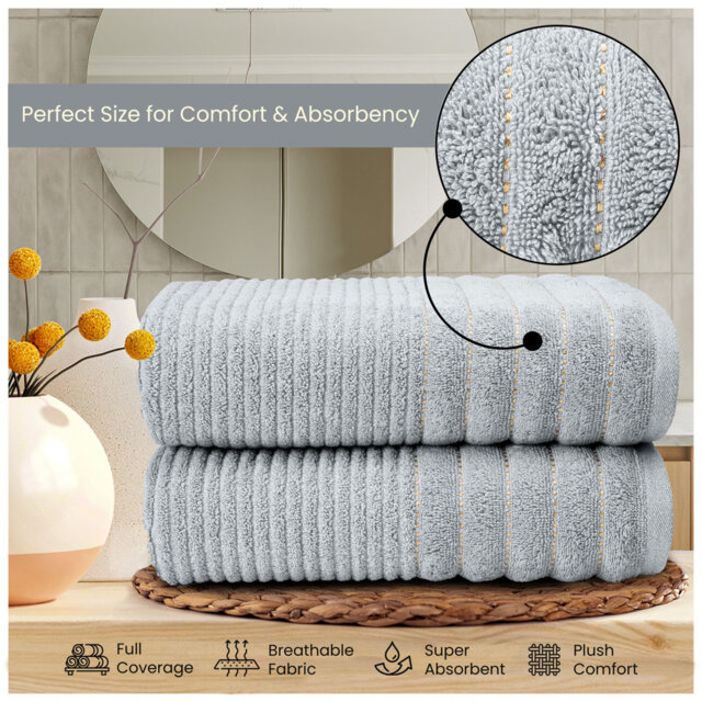 Premium Ribbed Cotton Bathroom Towel Collection, Soft & Plush, Fast Absorbing Hand, Bath Towels & Bath Sheets - 2 Pack
