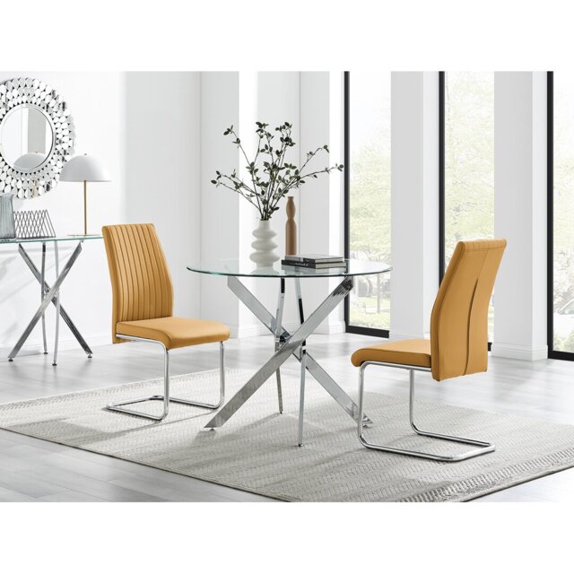 Tierra Modern Chrome Metal & Glass Round Dining Table Set with 2 Upholstered Faux Leather Chairs