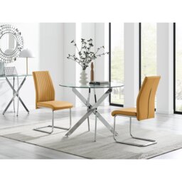 Tierra Modern Chrome Metal & Glass Round Dining Table Set with 2 Upholstered Faux Leather Chairs