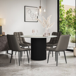 Arlo Walnut Table Top W Walnut Legs + Nova Faux Leather Dining Chair Black Set Of 4