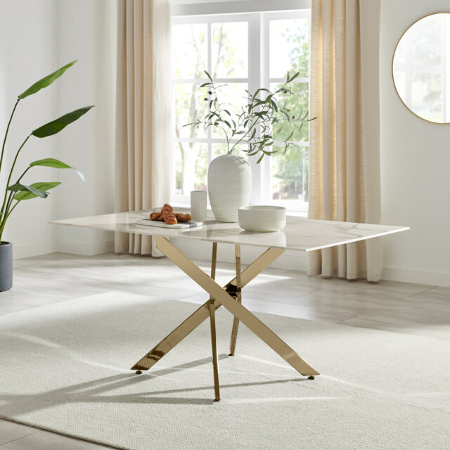 Lenworth Luxury Marble Effect Glass 6 Seater Dining Table - Modern Statement Design