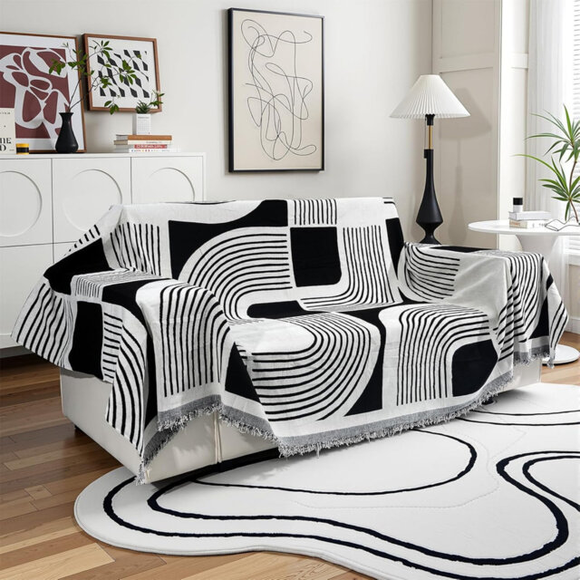 Soft Washable Boho Couch Cover Slipcover with Tassel, All-Season Protection Couch Cover for Dogs, Couch Protector L Shaped Sofa Cover (Black, 180 x 30