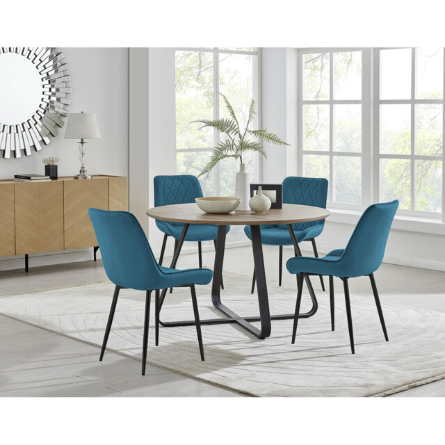 Venedocia Round Wood Effect Dining Table & 4 Luxury Velvet Dining Chairs