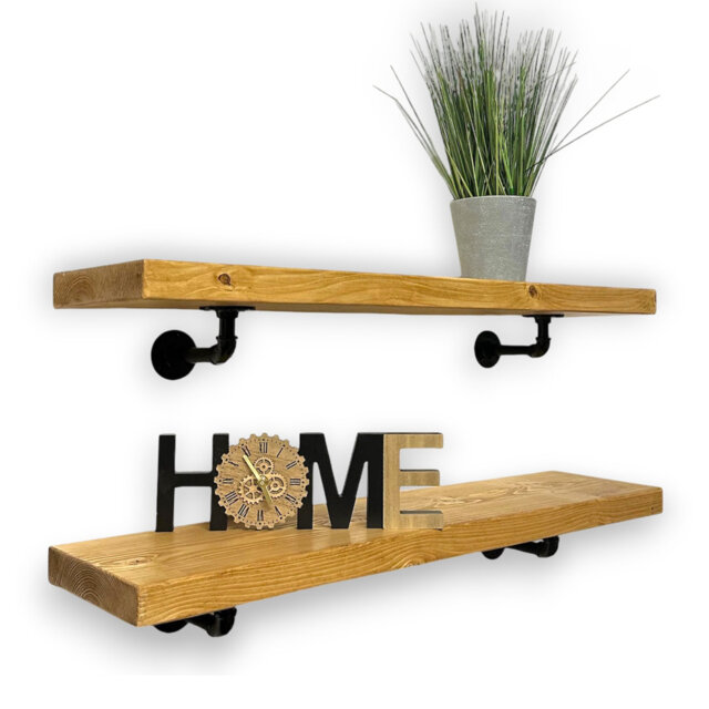 2-Piece Rustic Industrial Pipe-Bracketed Floating Wall Shelves Ideal For Kitchen DÃ©cor & Storage