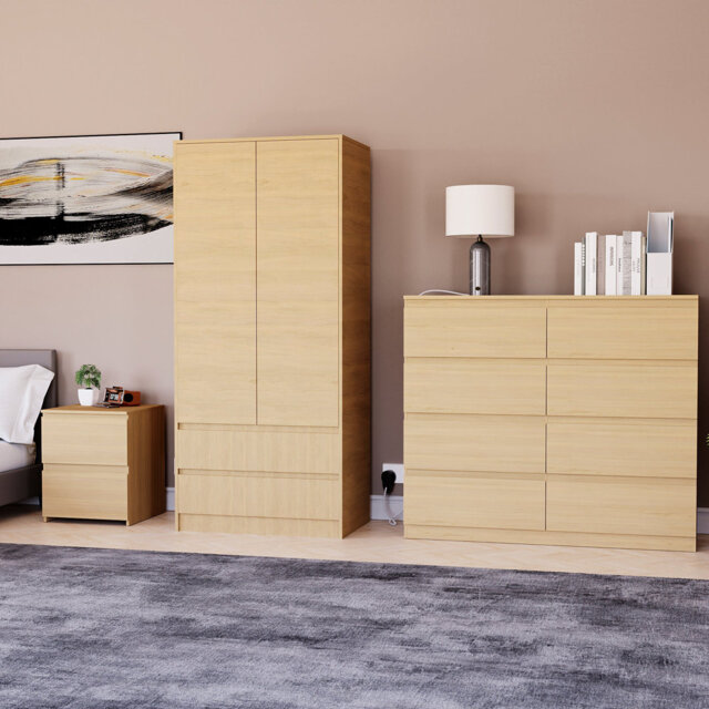 Cunha 3 Piece Bedroom Set (2 Drawer Large Bedside Chest, 8 Drawer Chest, 2 Door 2 Drawer Wardrobe), (5)