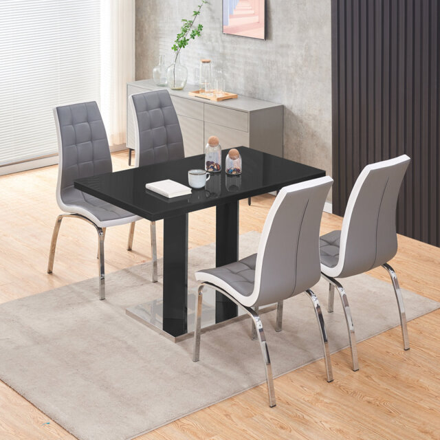 Rectangle Dining Table Set 4 Faux Leather Chairs
